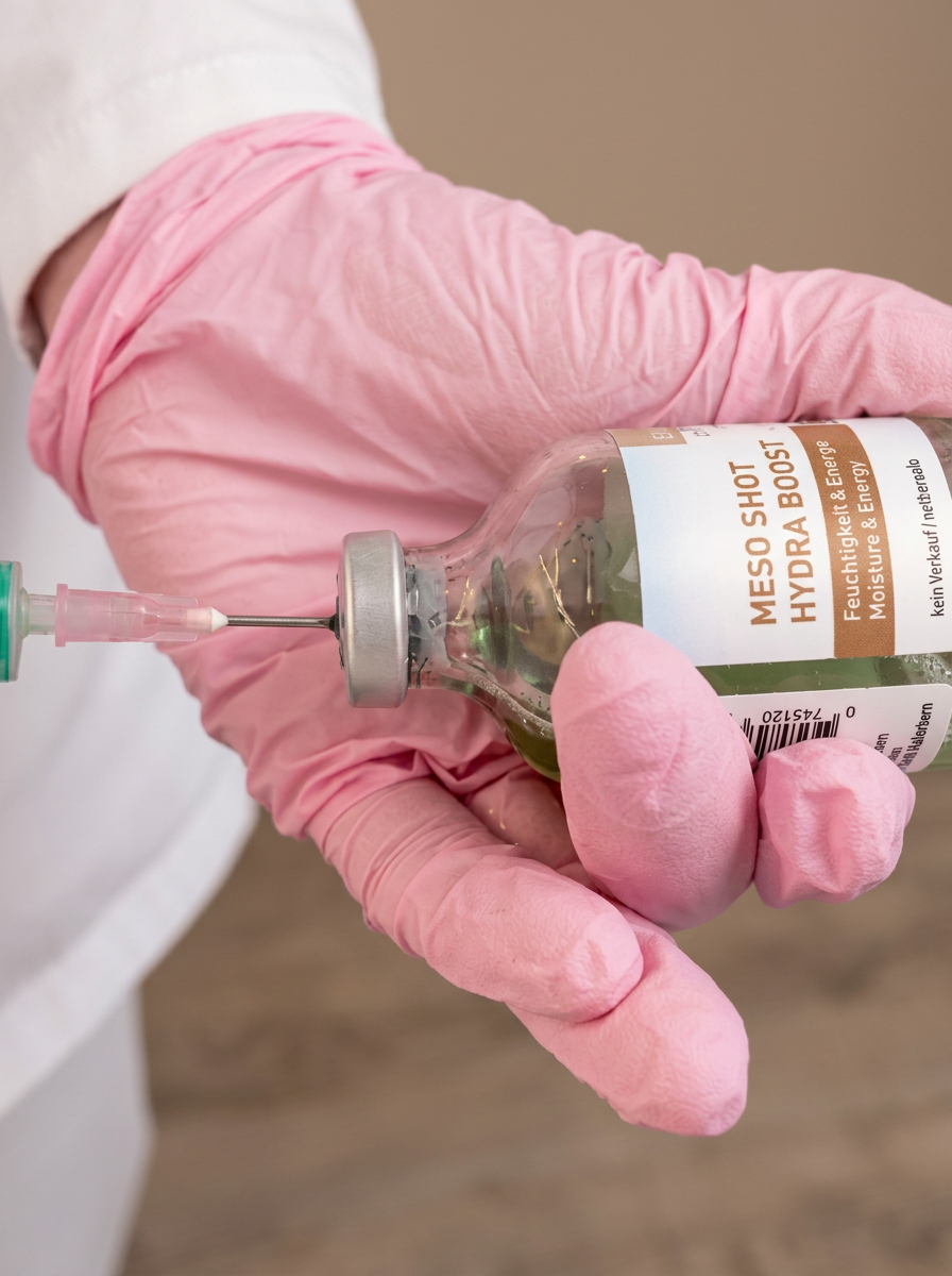 MESO SHOT Hydra Boost Ampulle mit Spritze in der Hand der Kosmetikerin